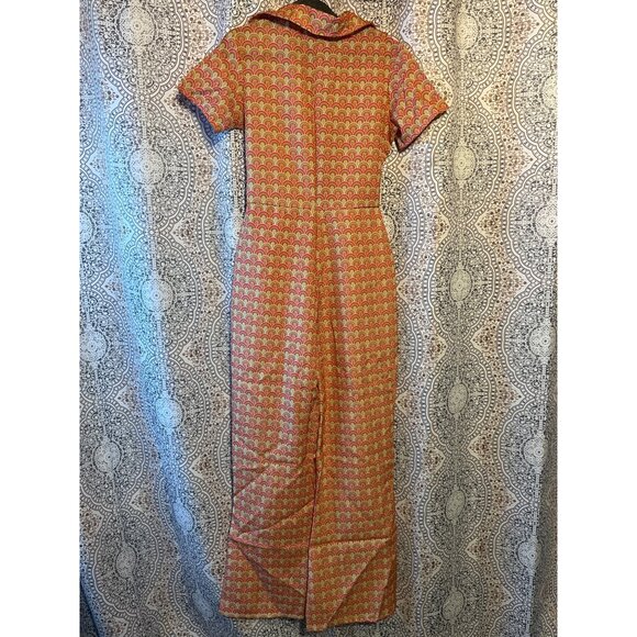 Authentic 70s Chic Costume Orange Jumpsuit Smiffys Retro Pattern Zip Closure Bel - Picture 6 of 8